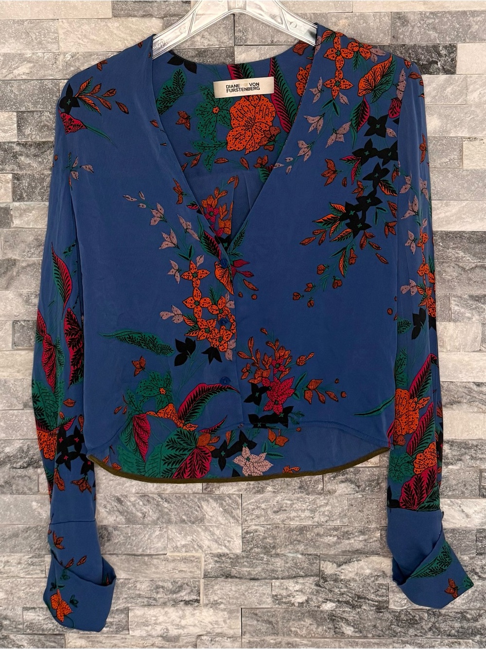 Diane Von Furstenberg Blue Floral V-Neck Blouse with Red & Green Accents